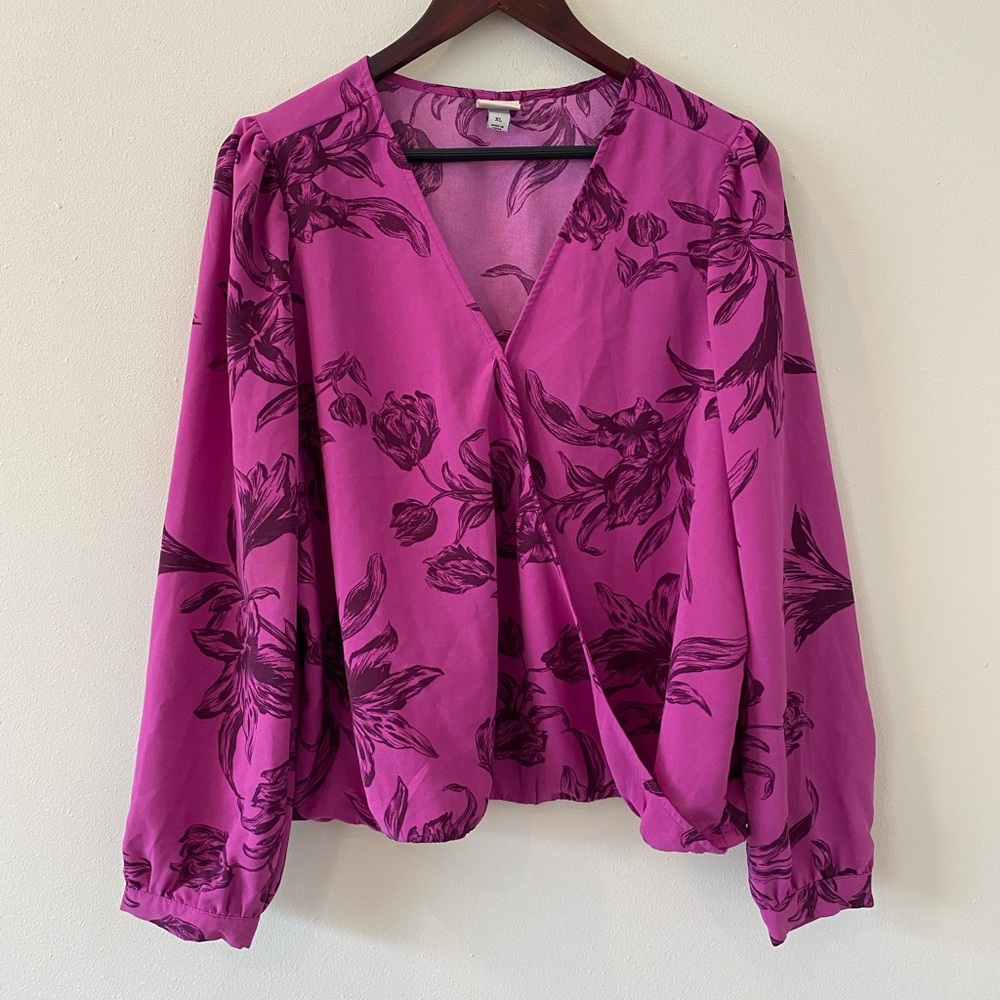 A New Day Blouse Top XL Floral Purple Surplice Long Sleeve  Hook Closure